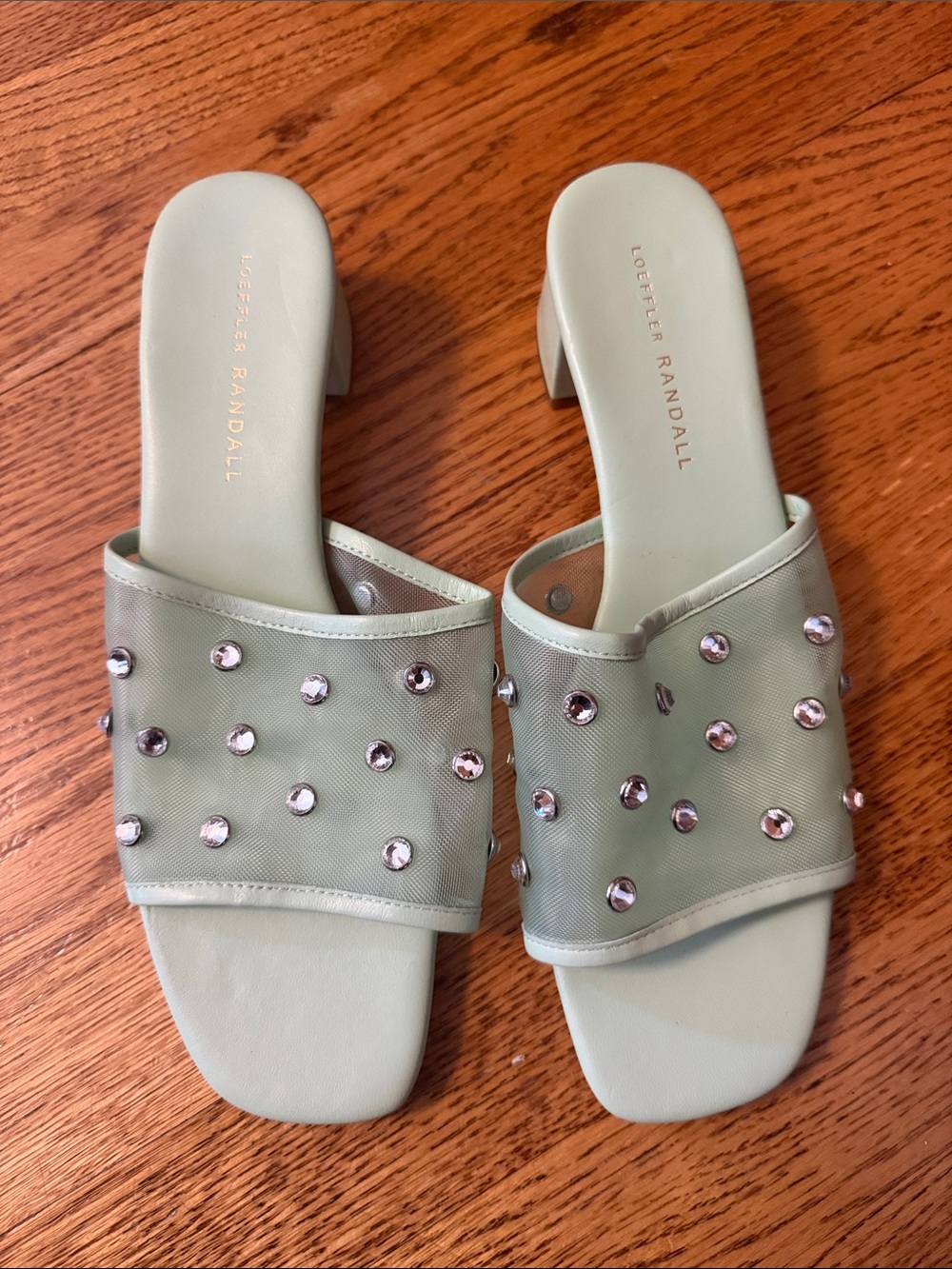 Loeffler Randall Sage Green Crystal-Stud Slide Mules
